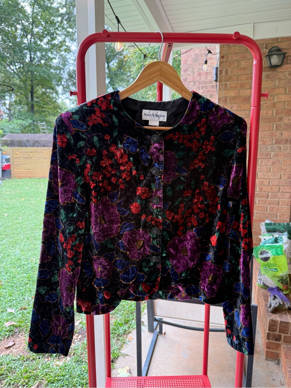 Norton McNaughton Black Velvet Floral Cropped Jacket - Purple & Red